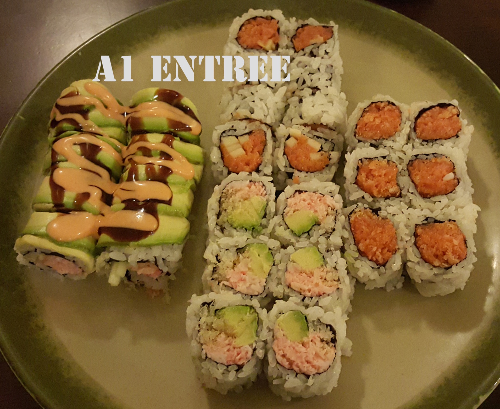 A1 sushi entrée with avocado rolls and spicy rolls